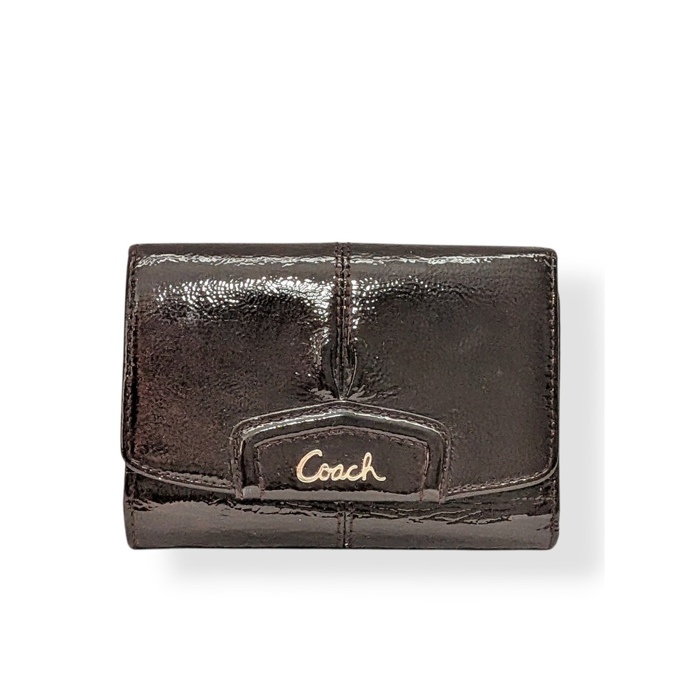 Coach Ashley Trifold Wallet Mahogany Brown Shiny Logo Pleated Patent Leather